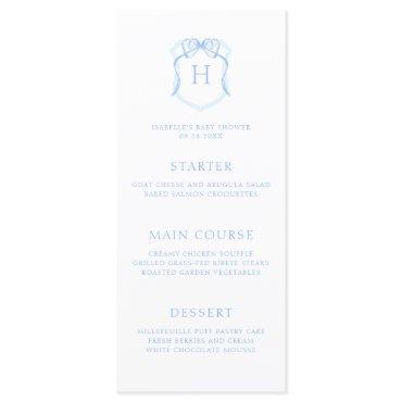 Blue Bow Monogram Crest Baby Shower Menu
