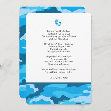 Blue Camo baby shower thank you note with poem