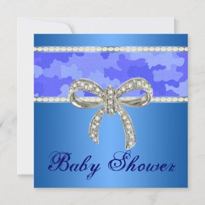 Blue Camo Diamond Bow Baby Shower Invitation