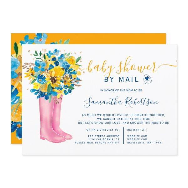 Blue floral boots watercolor baby shower by mail