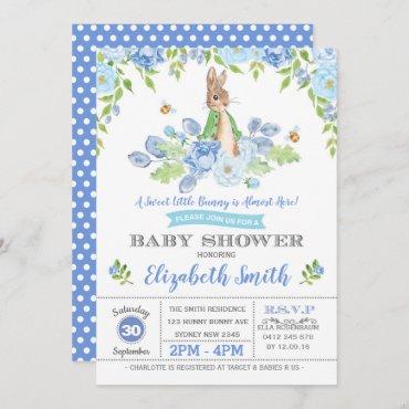 Blue Floral Bunny Baby Shower Woodland Boy Rabbit Invitation