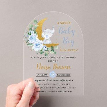 Blue Floral Elephant Moon Baby Boy Shower Arch Acrylic