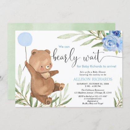 Blue floral greenery bear balloon boy baby shower invitation