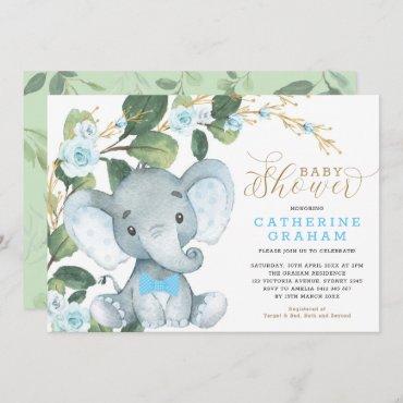 Blue Floral Greenery Gold Elephant Baby Shower Invitation