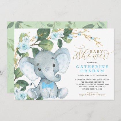 Blue Floral Greenery Gold Elephant
