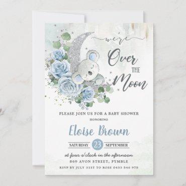 Blue Floral Koala We're Over the Moon Baby Shower