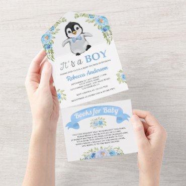 Blue Floral Watercolor Penguin Baby Shower All In One Invitation