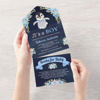 Blue Floral Watercolor Penguin Navy Baby Shower All In One Invitation