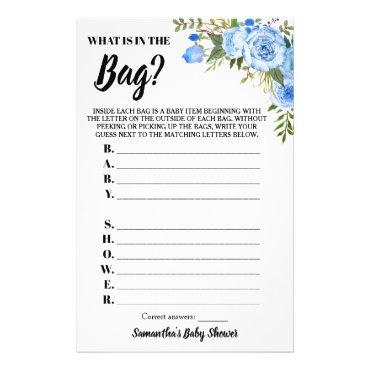 Blue Floral What is in the Bag Baby Shower Game Flyer