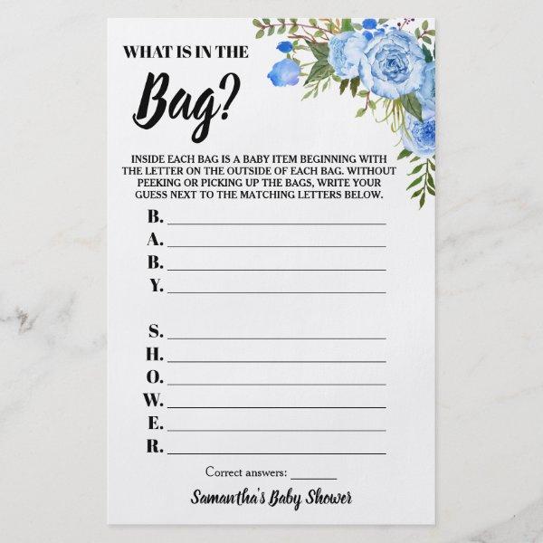 Blue Floral What is in the Bag Baby Shower Game Flyer