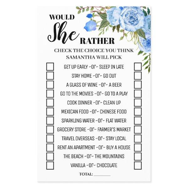 Blue Floral Would She Rather Baby Shower Game Card Flyer