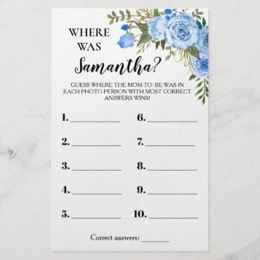 Blue Flowers Where was Mom Baby Shower Game Card Flyer