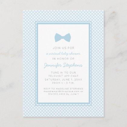 Blue gingham bow tie virtual baby shower postcard