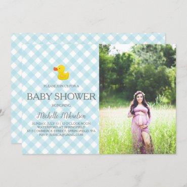 Blue Gingham Rubber Duckie Baby Shower Photo Invitation