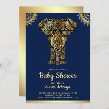 Blue Gold Elephant Indian Baby Shower Invitation