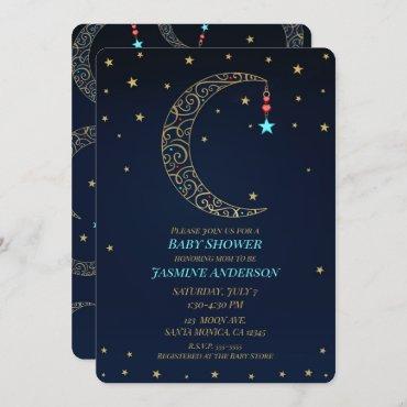 Blue Gold Filigree Moon Celestial Baby Shower Invitation
