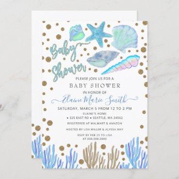 Blue Gold Glitter Seashells Sea Beach Baby Shower  Invitation