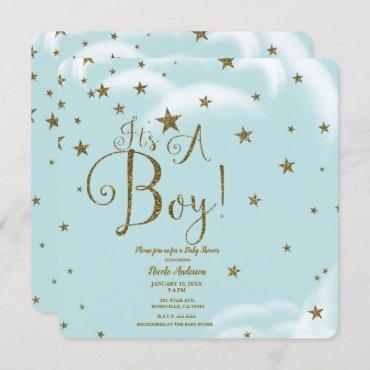 Blue & Gold Glitter Stars It's A BOY Baby Shower Invitation