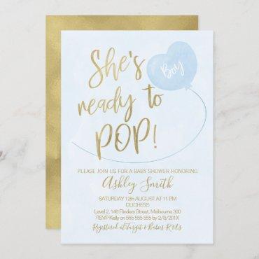 Blue Gold Ready To Pop Baby Shower Invitation