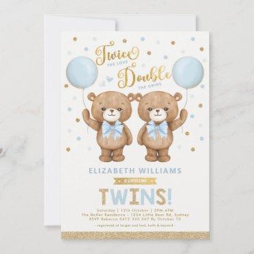 Blue Gold Teddy Bear Balloon Twin Boys Baby Shower Invitation