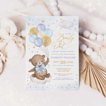 Blue Gold Teddy Bear Balloons Boy Baby Shower Invi