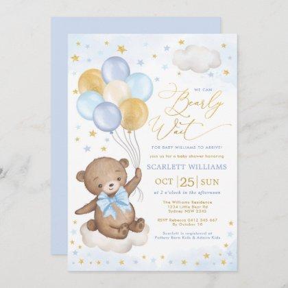 Blue Gold Teddy Bear Balloons Boy Baby Shower Invi Invitation