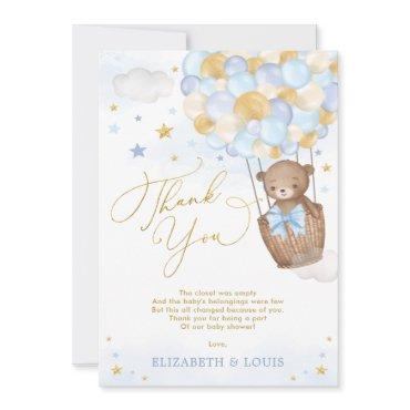 Blue Gold Teddy Bear Hot Air Balloon Baby Boy Thank You Card