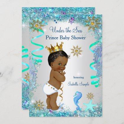 Blue Gold Under The Sea Prince Baby Shower Ethnic Invitation