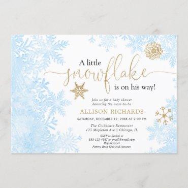 Blue gold white snowflake winter boy baby shower invitation