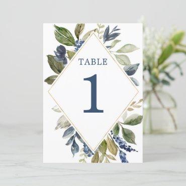 Blue green gold foliage greenery table numbers