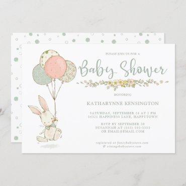 Blue Green Vintage Bunny Floral Baby Shower Invitation