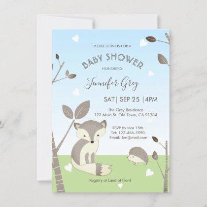 Blue Grey Fox Hedgehog Boy Baby Shower Invitation
