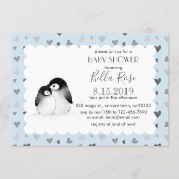 Blue Grey Hearts Penguins Baby Shower Invitations