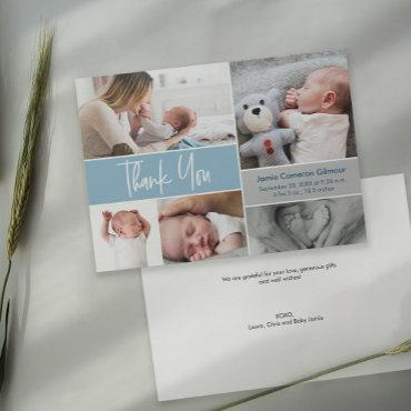 Blue Handlettering Photo Collage Baby Shower Thank You Card