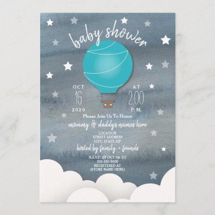 Blue Hot Air Balloon + Stars Boy Baby Shower Invitation