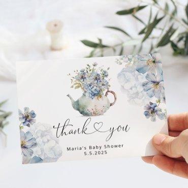 Blue hydrangeas teapot baby shower thank you card