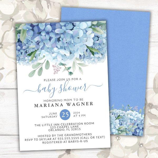 Blue Hydrangeas Watercolor Floral Boy Baby Shower