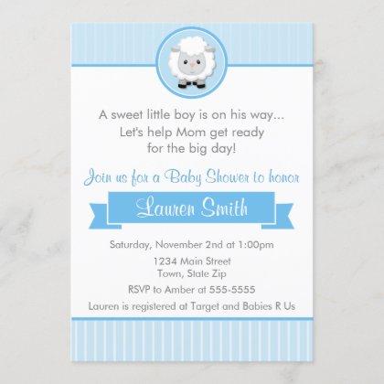Blue Lamb Boy Baby Shower Invitation 5x7 Card