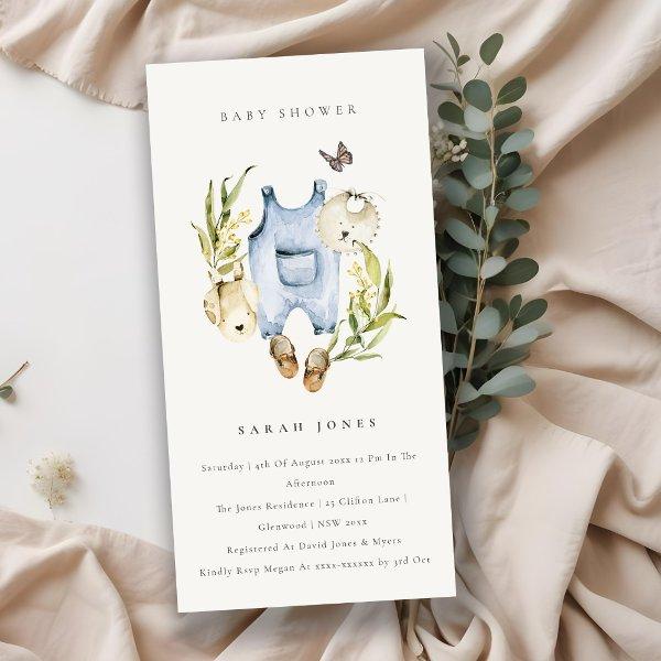 Blue Leafy Foliage Baby Clothes Baby Shower Invite