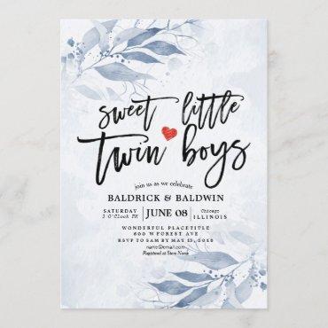Blue Leaves Baby Shower Sweet Little Twin Boys Invitation