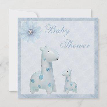 Blue Mom & Baby Giraffes Boy Baby Shower Invitation