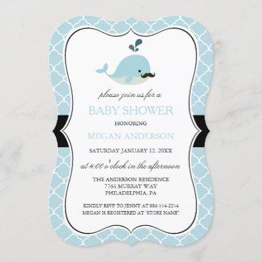 Blue Mustache Whale Cute Boy Baby Shower Invitation