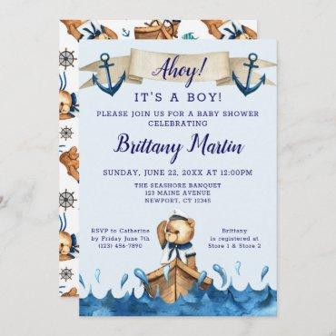 Blue Nautical Anchor Sailor Bear Baby Shower Invitation