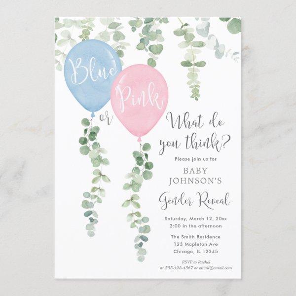 Blue or pink balloons greenery gender reveal