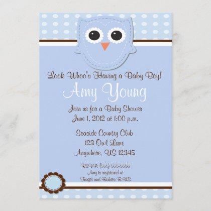 Blue Owl Boy Baby Shower Personalized Invitation
