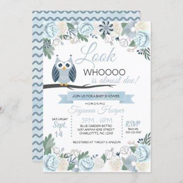 Blue Owl Floral Baby Shower Invitation