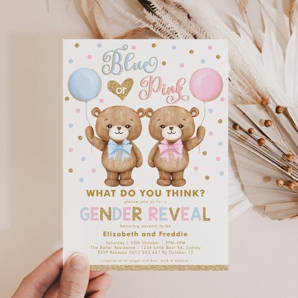 Blue Pink Gold Teddy Bear Gender Reveal Baby