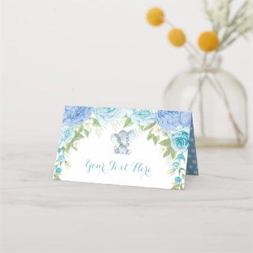 Blue Roses Elephant Boy Baby Shower 1st Birthday Place Card