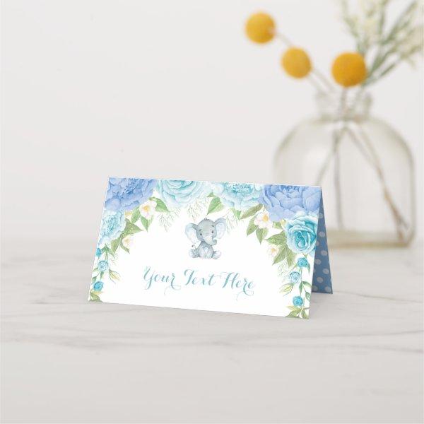 Blue Roses Elephant Boy Baby Shower 1st Birthday Place Card