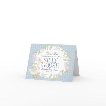Blue Silly Goose Floral Gingham Baby Shower Thank You Card
